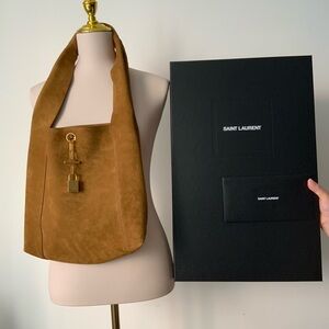NWT Saint Laurent Lock Suede Hobo Bag Brown $3150